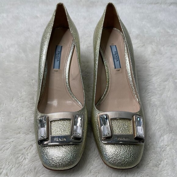 Prada Women's Gold Patent Leather Block Heel Pumps Slip On Shoes Size 38.5